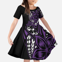 Polynesian Plumeria Floral Tattoo Pattern Kid Short Sleeve Dress Purple Style