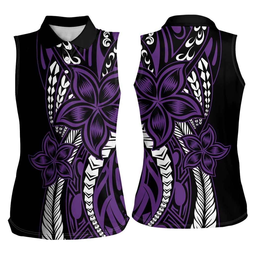 Polynesian Plumeria Floral Tattoo Pattern Women Sleeveless Polo Shirt Purple Style