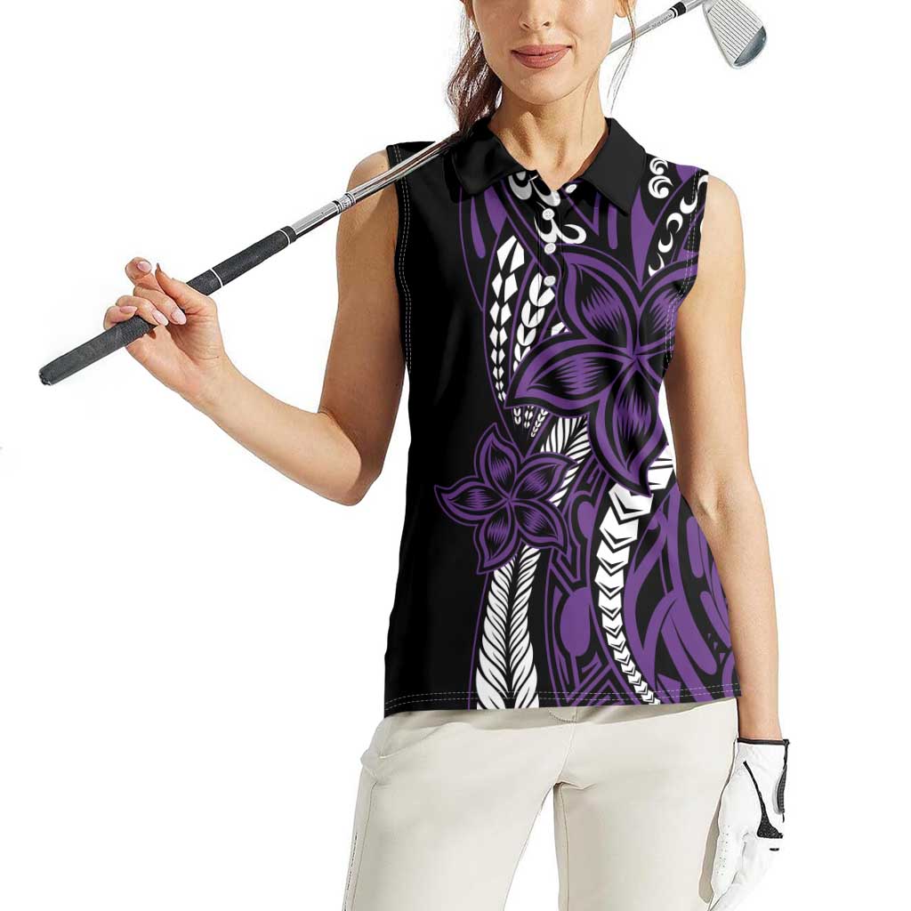 Polynesian Plumeria Floral Tattoo Pattern Women Sleeveless Polo Shirt Purple Style