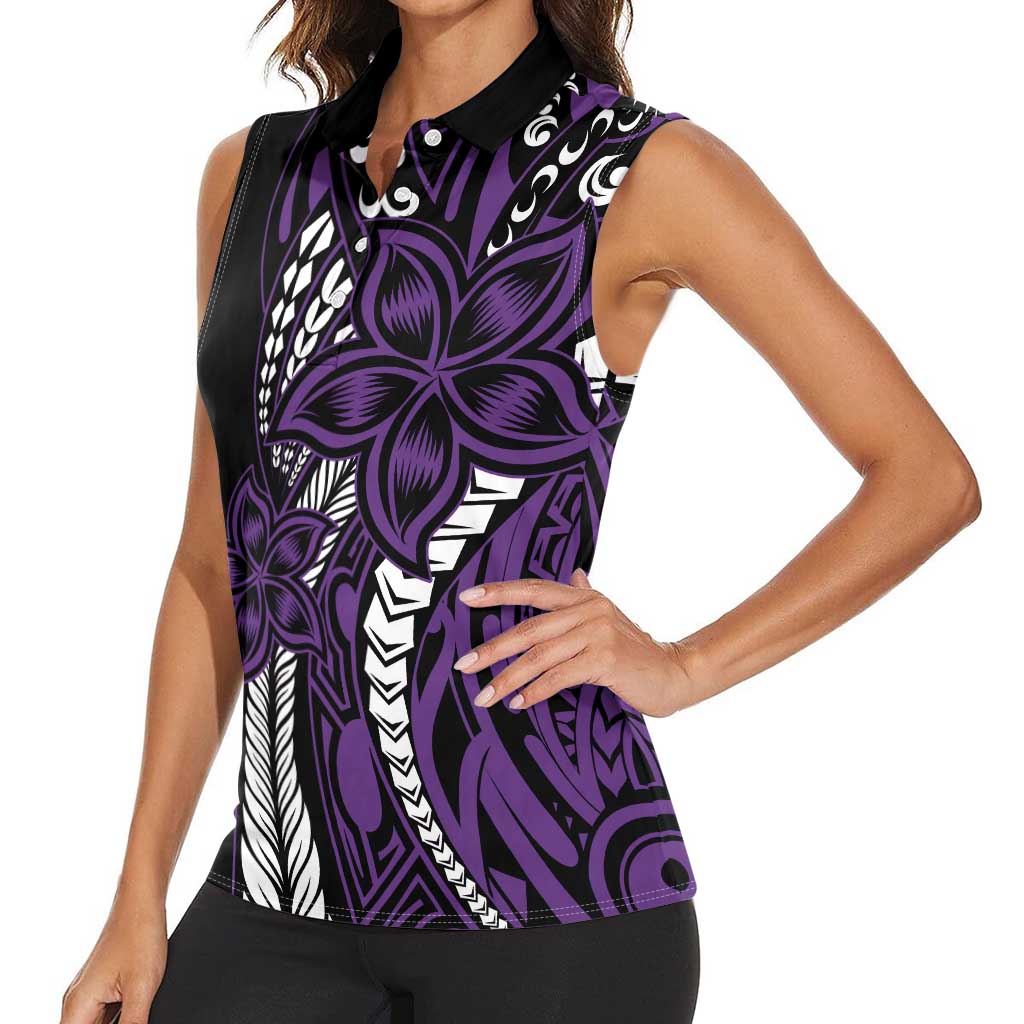 Polynesian Plumeria Floral Tattoo Pattern Women Sleeveless Polo Shirt Purple Style