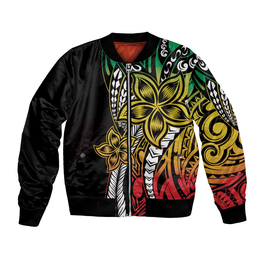 Polynesian Plumeria Floral Tattoo Pattern Bomber Jacket Reggae Style LT9 Unisex Reggae - Polynesian Pride
