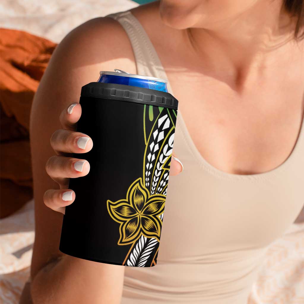Polynesian Plumeria Floral Tattoo Pattern 4 in 1 Can Cooler Tumbler Reggae Style