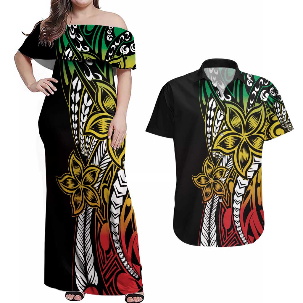 Polynesian Plumeria Floral Tattoo Pattern Couples Matching Off Shoulder Maxi Dress and Hawaiian Shirt Reggae Style