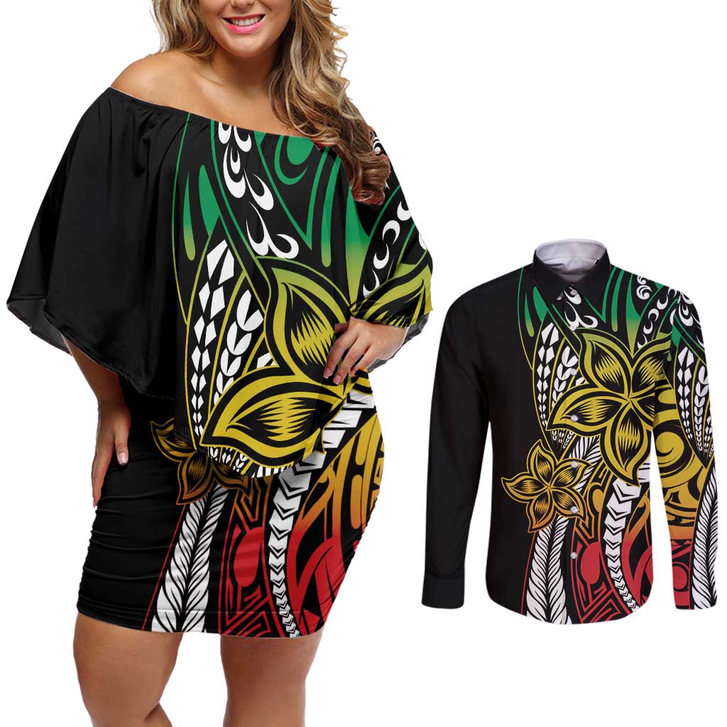Polynesian Plumeria Floral Tattoo Pattern Couples Matching Off Shoulder Short Dress and Long Sleeve Button Shirt Reggae Style