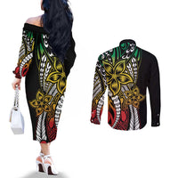 Polynesian Plumeria Floral Tattoo Pattern Couples Matching Off The Shoulder Long Sleeve Dress and Long Sleeve Button Shirt Reggae Style