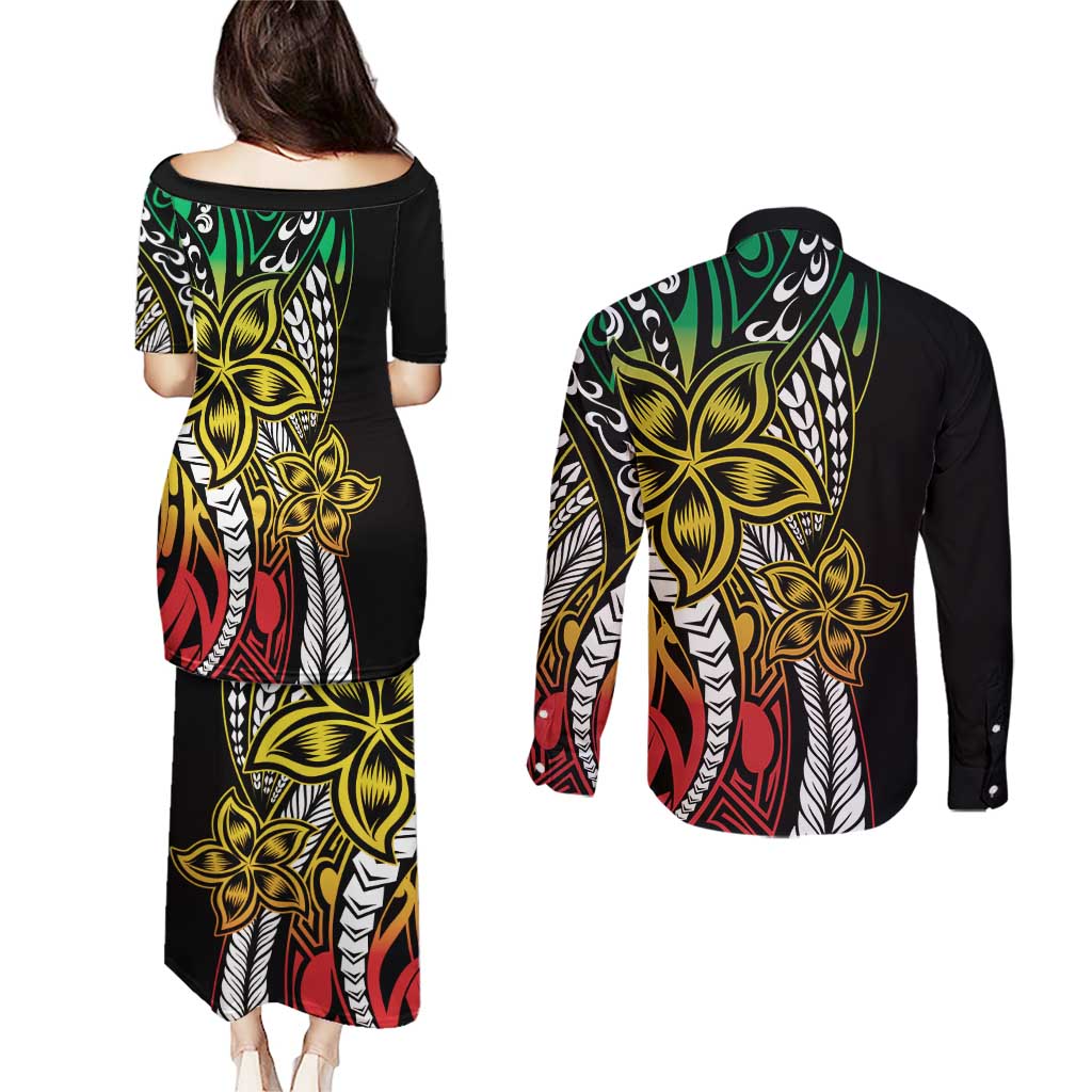 Polynesian Plumeria Floral Tattoo Pattern Couples Matching Puletasi and Long Sleeve Button Shirt Reggae Style