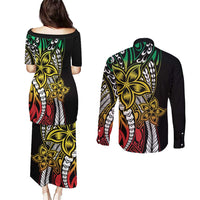 Polynesian Plumeria Floral Tattoo Pattern Couples Matching Puletasi and Long Sleeve Button Shirt Reggae Style