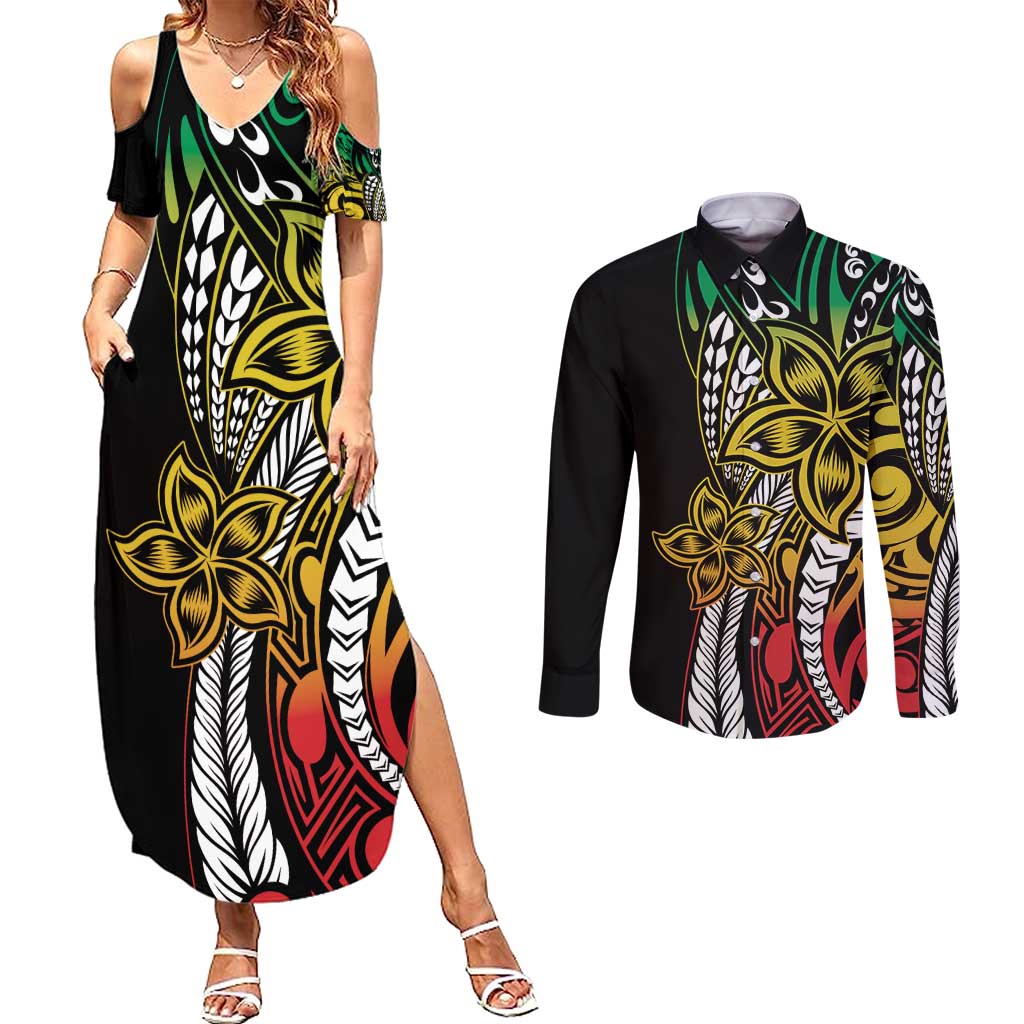 Polynesian Plumeria Floral Tattoo Pattern Couples Matching Summer Maxi Dress and Long Sleeve Button Shirt Reggae Style