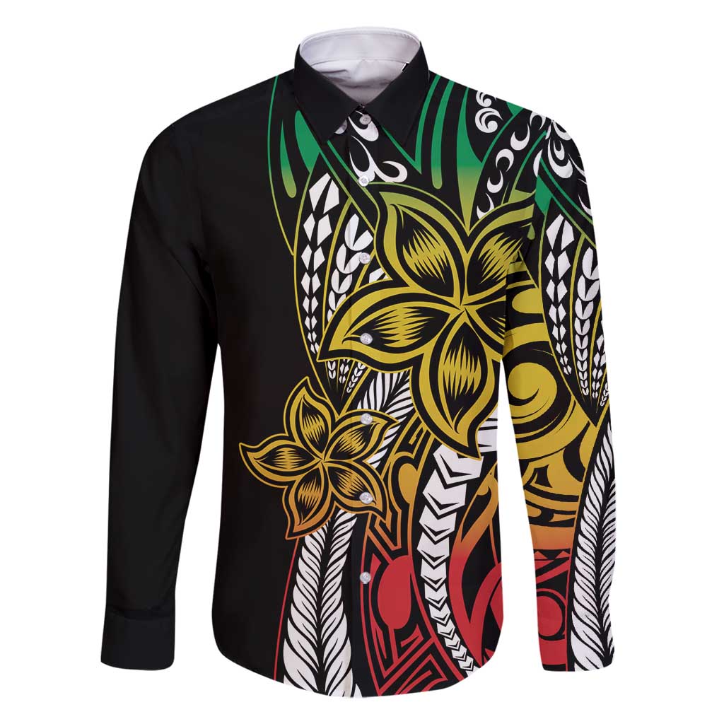 Polynesian Plumeria Floral Tattoo Pattern Family Matching Long Sleeve Bodycon Dress and Hawaiian Shirt Reggae Style LT9 Dad's Shirt - Long Sleeve Reggae - Polynesian Pride