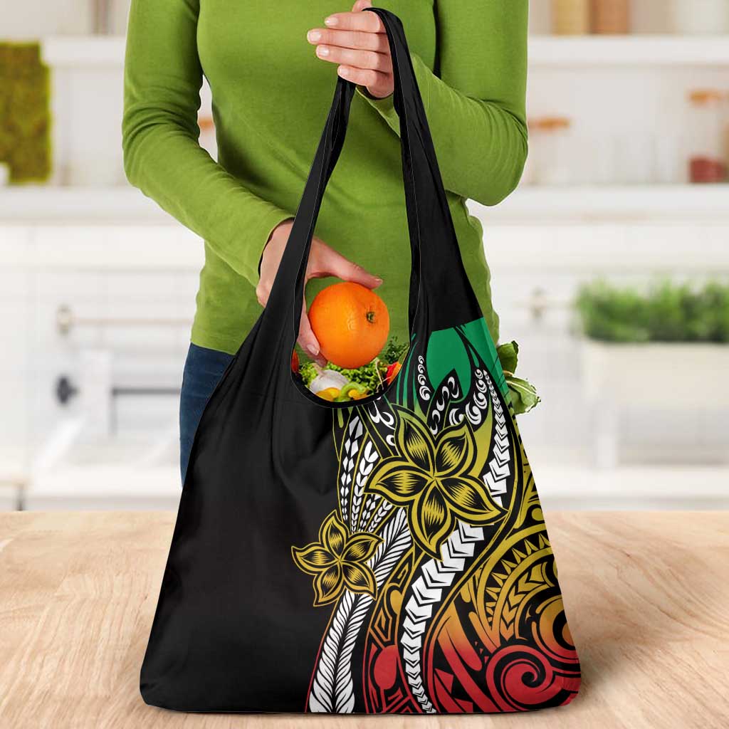 Polynesian Plumeria Floral Tattoo Pattern Grocery Bag Reggae Style
