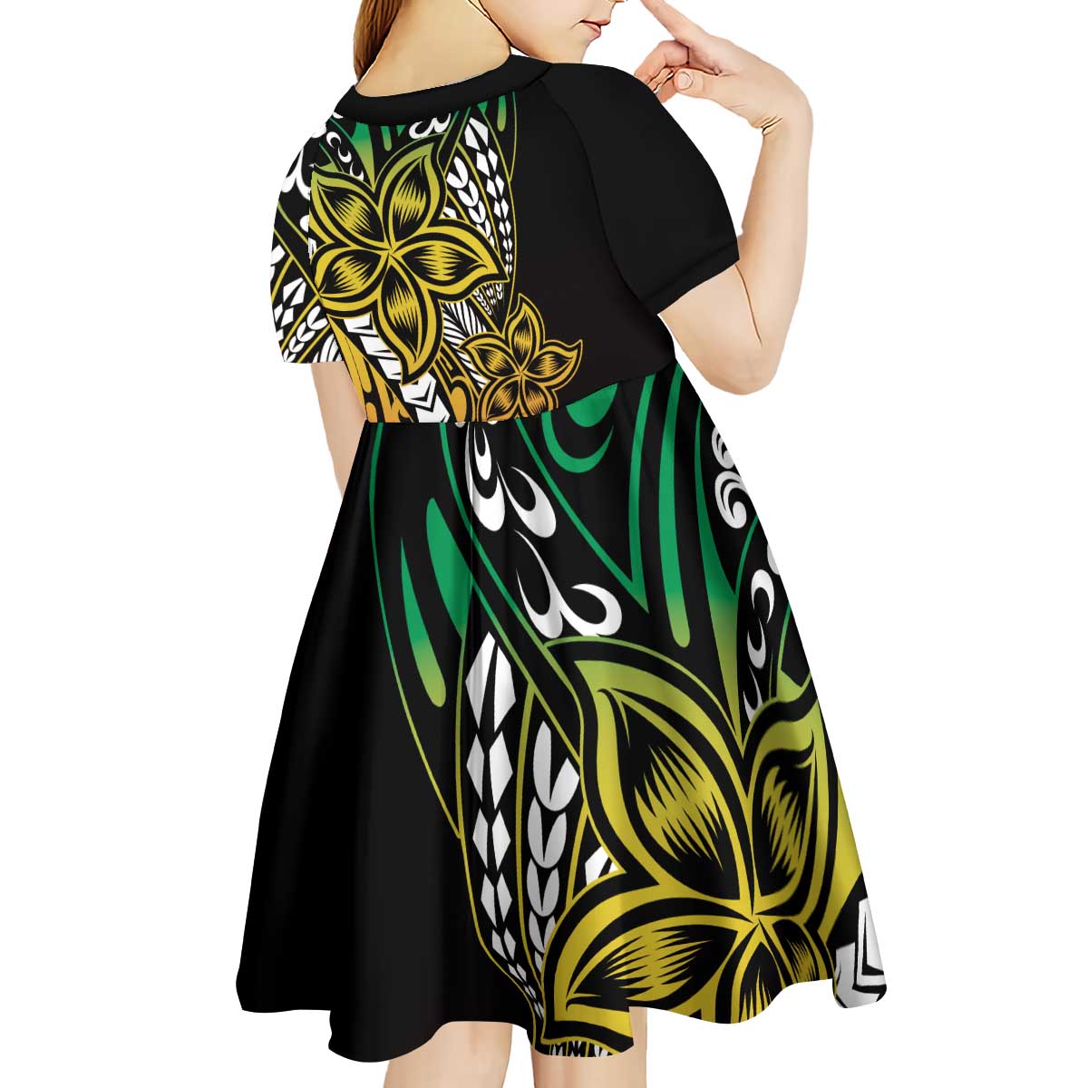 Polynesian Plumeria Floral Tattoo Pattern Kid Short Sleeve Dress Reggae Style