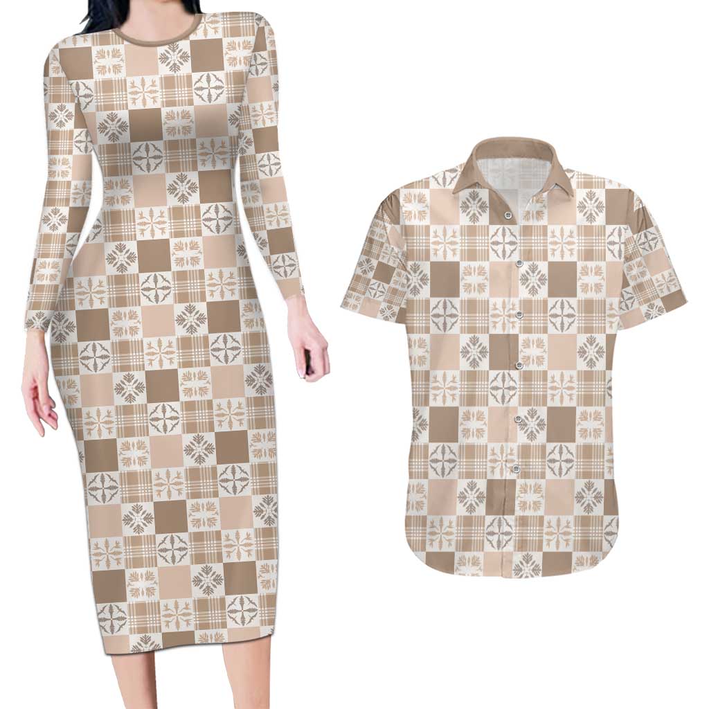 Hawaiian Palaka Quilt Pattern Couples Matching Long Sleeve Bodycon Dress and Hawaiian Shirt Hawaii Culture Bird of Paradise Exotic Motif LT9 Beige - Polynesian Pride