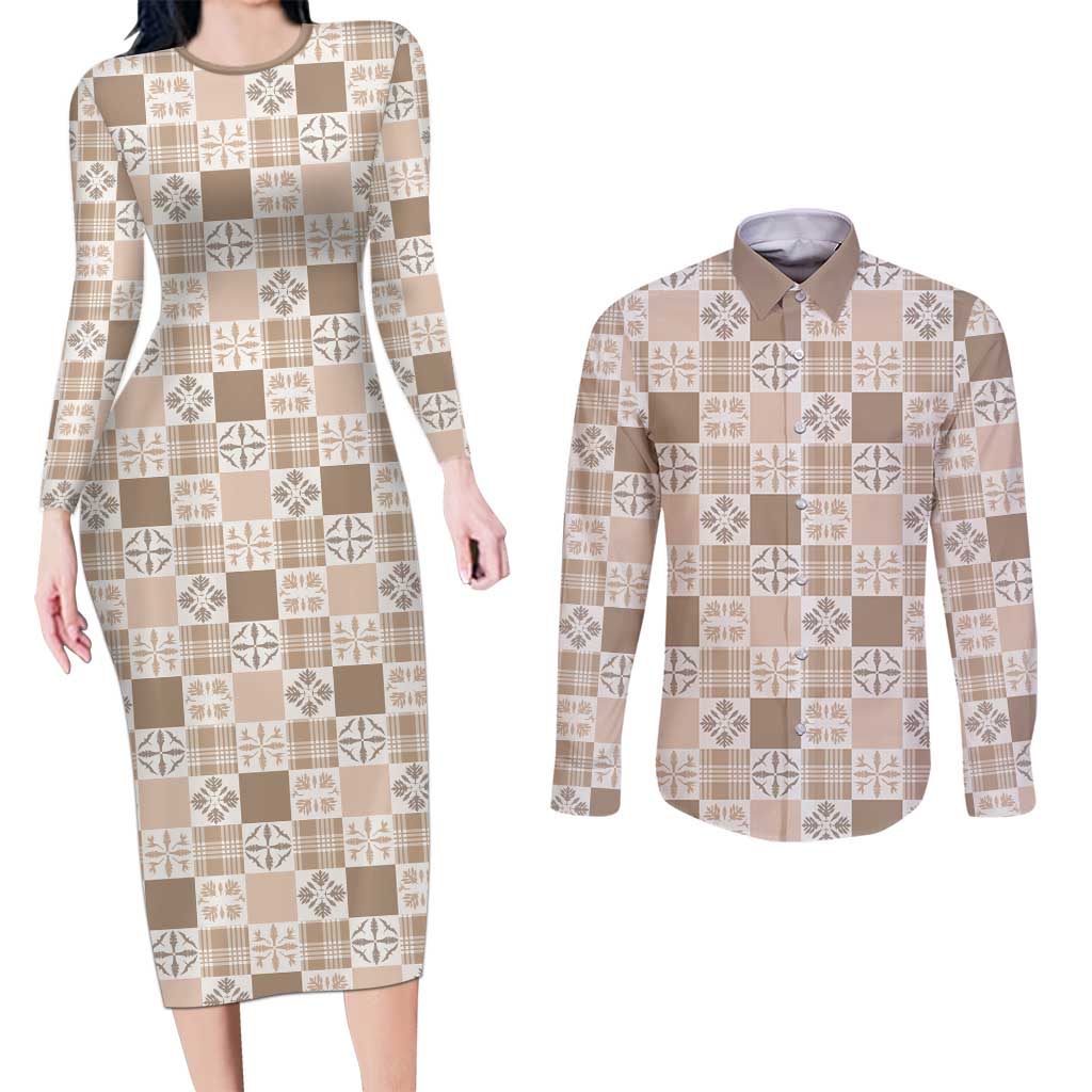 Hawaiian Palaka Quilt Pattern Couples Matching Long Sleeve Bodycon Dress and Long Sleeve Button Shirt Hawaii Culture Bird of Paradise Exotic Motif LT9 Beige - Polynesian Pride