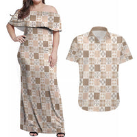 Hawaiian Palaka Quilt Pattern Couples Matching Off Shoulder Maxi Dress and Hawaiian Shirt Hawaii Culture Bird of Paradise Exotic Motif LT9 Beige - Polynesian Pride