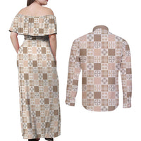 Hawaiian Palaka Quilt Pattern Couples Matching Off Shoulder Maxi Dress and Long Sleeve Button Shirt Hawaii Culture Bird of Paradise Exotic Motif LT9 - Polynesian Pride