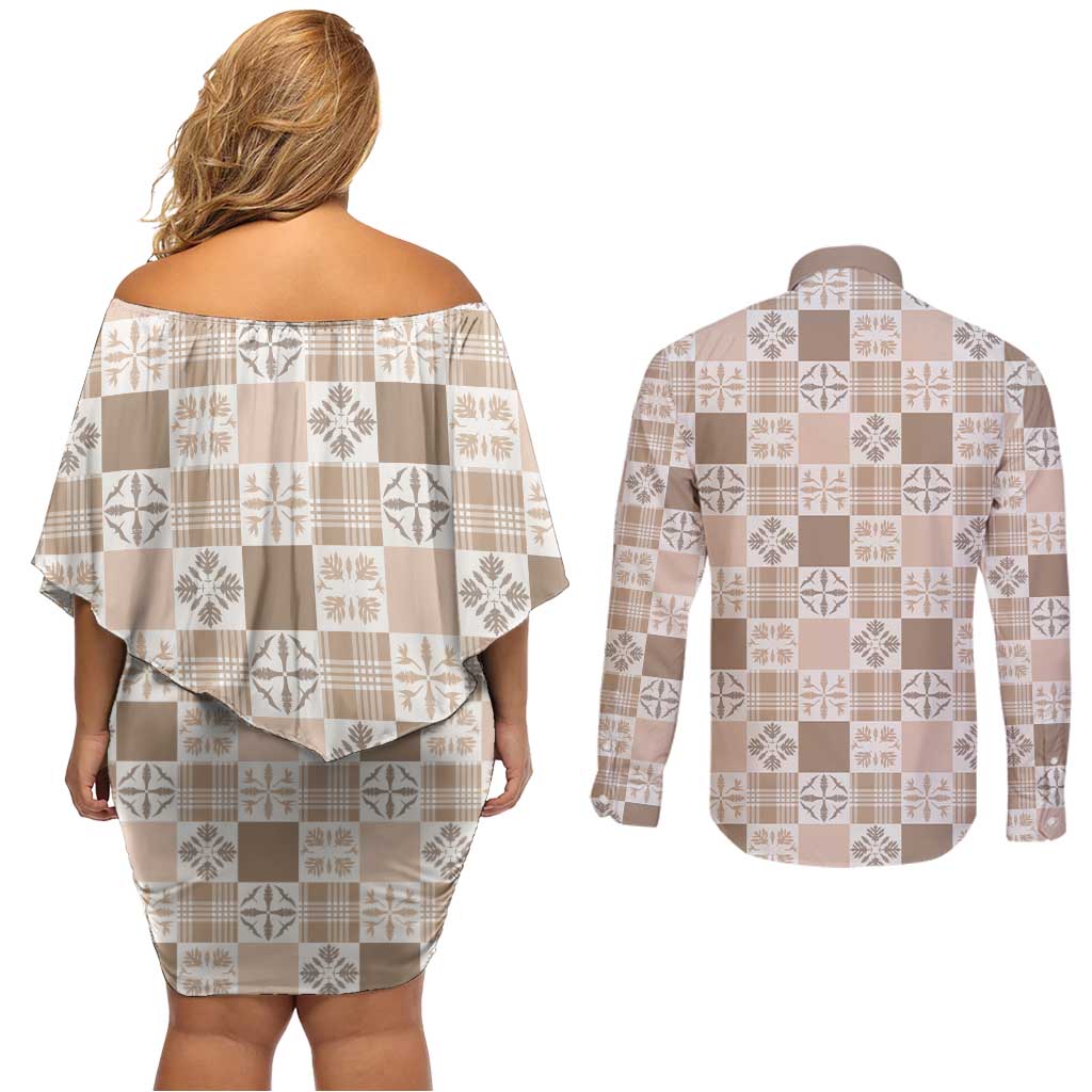 Hawaiian Palaka Quilt Pattern Couples Matching Off Shoulder Short Dress and Long Sleeve Button Shirt Hawaii Culture Bird of Paradise Exotic Motif LT9 - Polynesian Pride