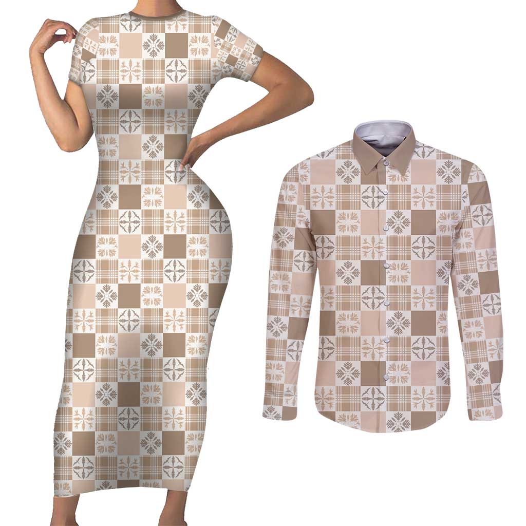Hawaiian Palaka Quilt Pattern Couples Matching Short Sleeve Bodycon Dress and Long Sleeve Button Shirt Hawaii Culture Bird of Paradise Exotic Motif LT9 Beige - Polynesian Pride
