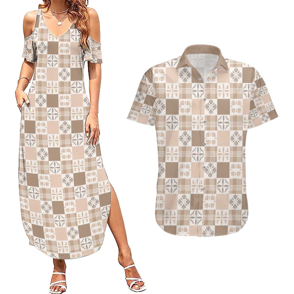 Hawaiian Palaka Quilt Pattern Couples Matching Summer Maxi Dress and Hawaiian Shirt Hawaii Culture Bird of Paradise Exotic Motif LT9 Beige - Polynesian Pride