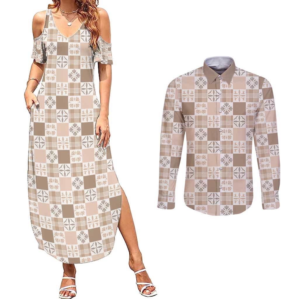 Hawaiian Palaka Quilt Pattern Couples Matching Summer Maxi Dress and Long Sleeve Button Shirt Hawaii Culture Bird of Paradise Exotic Motif LT9 Beige - Polynesian Pride
