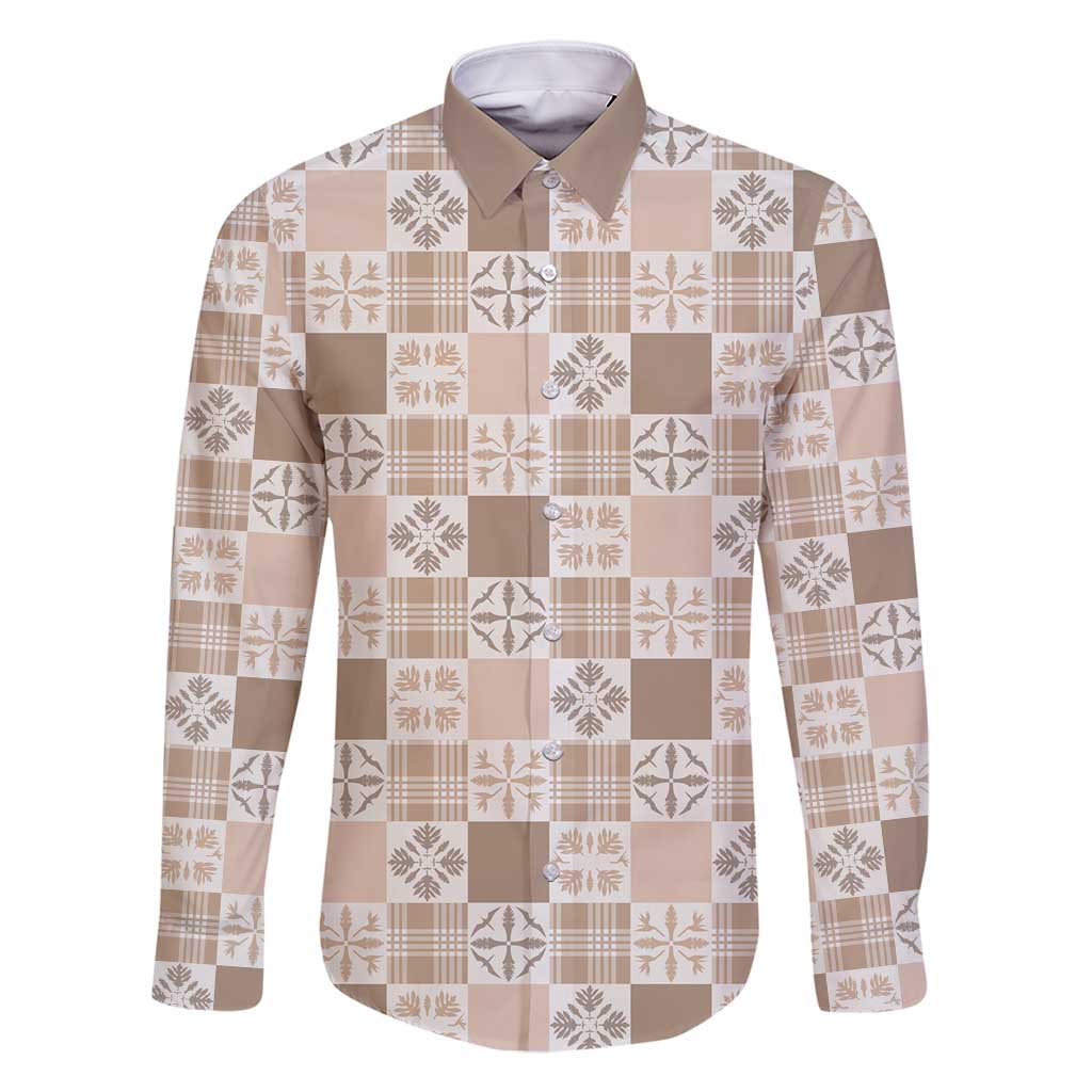 Hawaiian Palaka Quilt Pattern Family Matching Mermaid Dress and Hawaiian Shirt Hawaii Culture Bird of Paradise Exotic Motif LT9 Dad's Shirt - Long Sleeve Beige - Polynesian Pride
