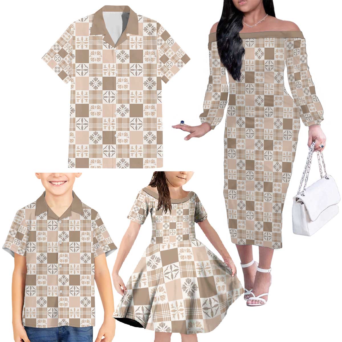 Hawaiian Palaka Quilt Pattern Family Matching Off The Shoulder Long Sleeve Dress and Hawaiian Shirt Hawaii Culture Bird of Paradise Exotic Motif - Polynesian Pride