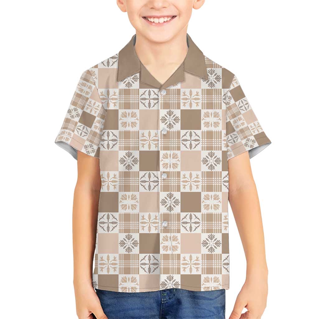 Hawaiian Palaka Quilt Pattern Family Matching Off Shoulder Maxi Dress and Hawaiian Shirt Hawaii Culture Bird of Paradise Exotic Motif LT9 Son's Shirt Beige - Polynesian Pride