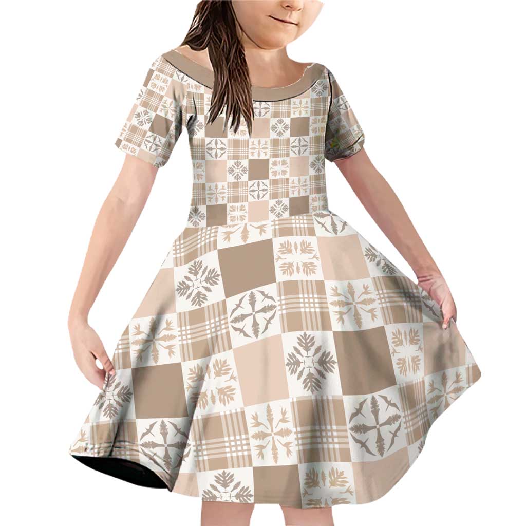 Hawaiian Palaka Quilt Pattern Family Matching Off Shoulder Short Dress and Hawaiian Shirt Hawaii Culture Bird of Paradise Exotic Motif LT9 Daughter's Dress Beige - Polynesian Pride