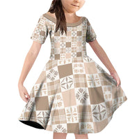 Hawaiian Palaka Quilt Pattern Family Matching Off Shoulder Short Dress and Hawaiian Shirt Hawaii Culture Bird of Paradise Exotic Motif LT9 Daughter's Dress Beige - Polynesian Pride