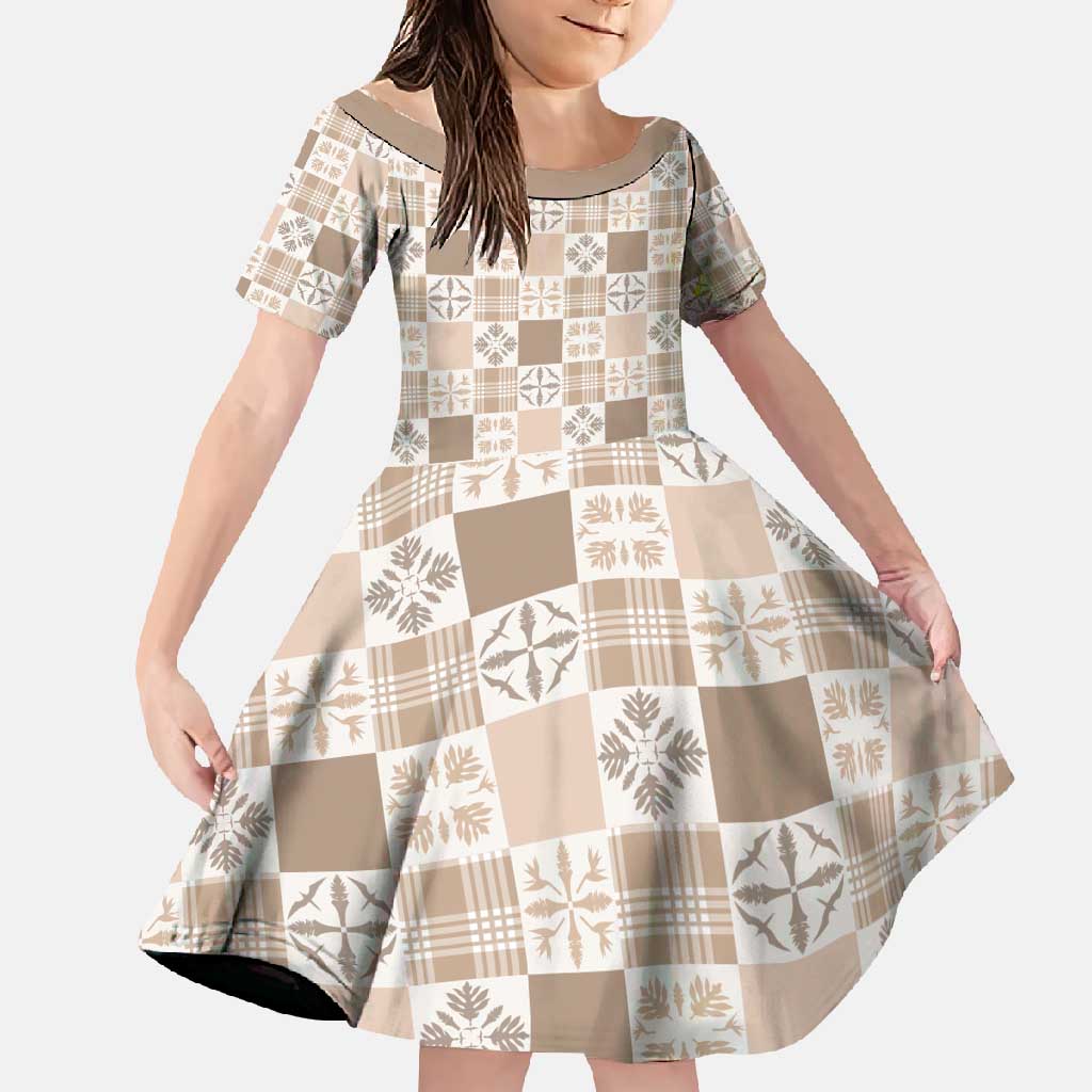 Hawaiian Palaka Quilt Pattern Family Matching Short Sleeve Bodycon Dress and Hawaiian Shirt Hawaii Culture Bird of Paradise Exotic Motif LT9 Daughter's Dress Beige - Polynesian Pride