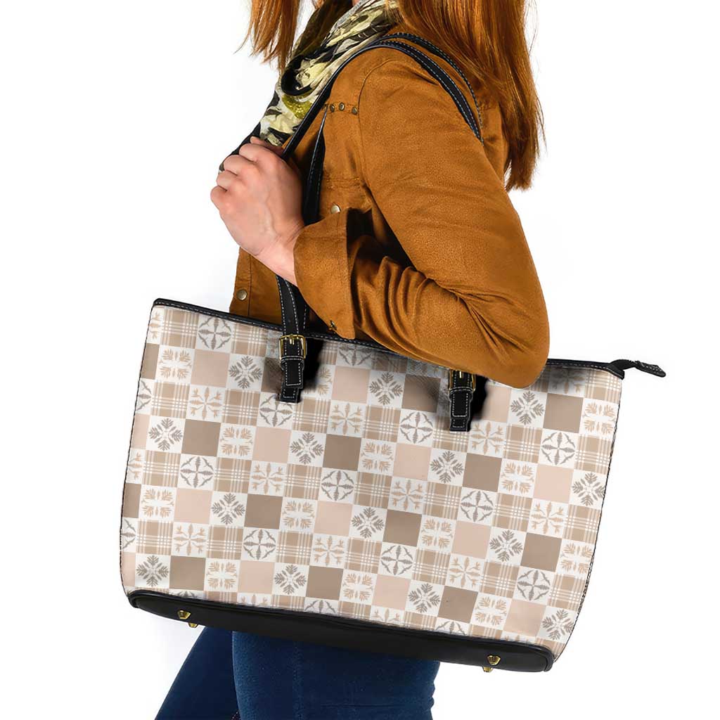 Hawaiian Palaka Quilt Pattern Leather Tote Bag Hawaii Culture Bird of Paradise Exotic Motif - Polynesian Pride
