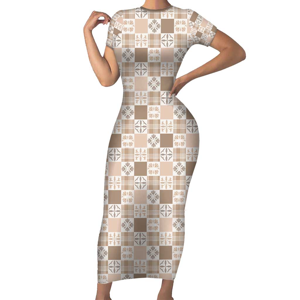 Hawaiian Palaka Quilt Pattern Short Sleeve Bodycon Dress Hawaii Culture Bird of Paradise Exotic Motif LT9 Long Dress Beige - Polynesian Pride