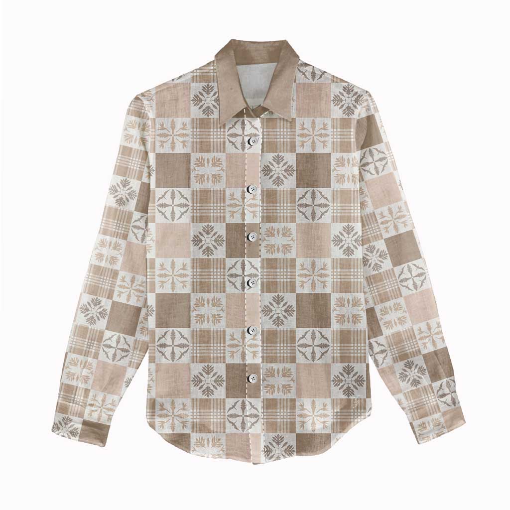 Hawaiian Palaka Quilt Pattern Women Casual Shirt Hawaii Culture Bird of Paradise Exotic Motif - Polynesian Pride