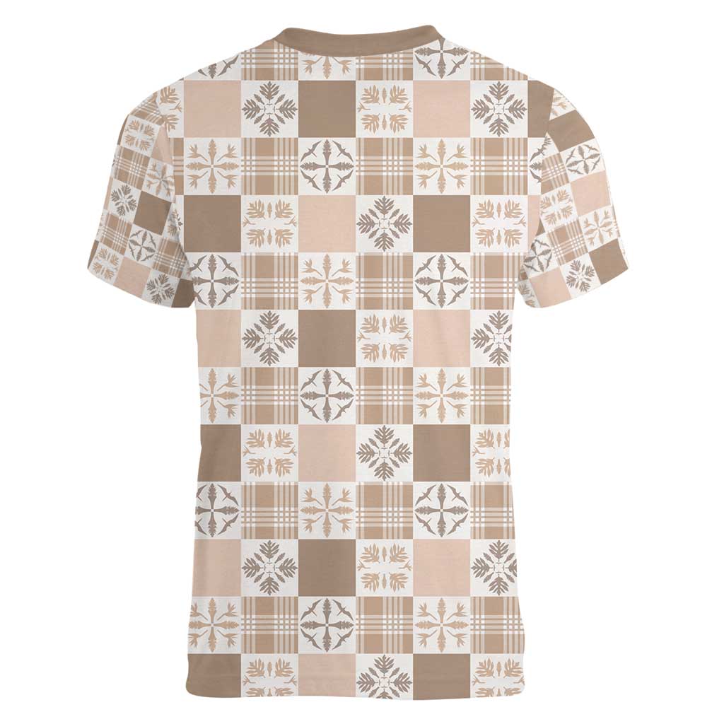 Hawaiian Palaka Quilt Pattern Women V-Neck T-Shirt Hawaii Culture Bird of Paradise Exotic Motif - Polynesian Pride