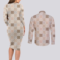 Hawaiian Palaka Quilt Pattern Couples Matching Long Sleeve Bodycon Dress and Long Sleeve Button Shirt Hawaii Culture Honu Turtle - Polynesian Pride