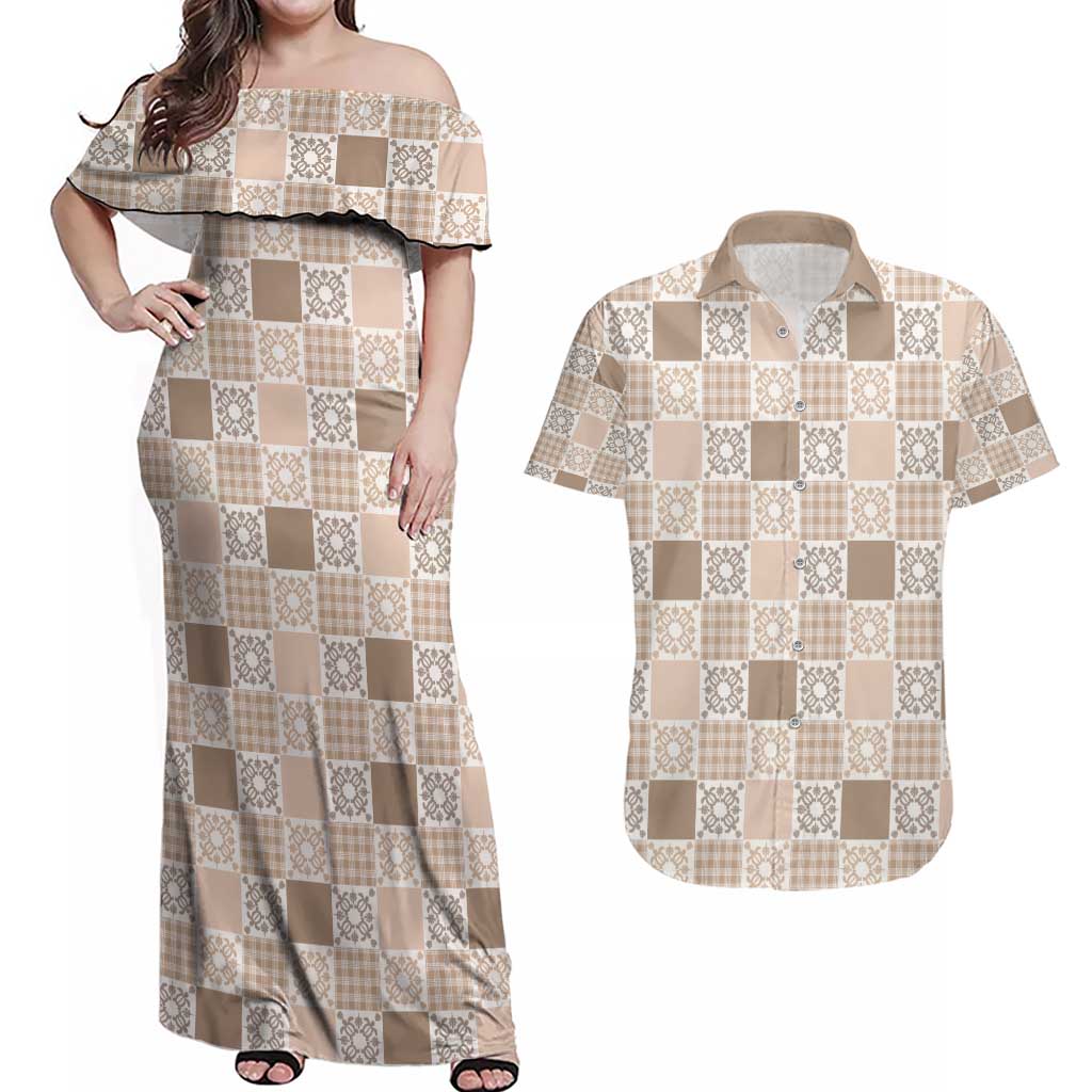 Hawaiian Palaka Quilt Pattern Couples Matching Off Shoulder Maxi Dress and Hawaiian Shirt Hawaii Culture Honu Turtle - Polynesian Pride
