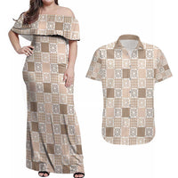 Hawaiian Palaka Quilt Pattern Couples Matching Off Shoulder Maxi Dress and Hawaiian Shirt Hawaii Culture Honu Turtle - Polynesian Pride