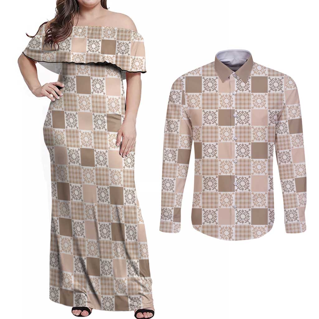 Hawaiian Palaka Quilt Pattern Couples Matching Off Shoulder Maxi Dress and Long Sleeve Button Shirt Hawaii Culture Honu Turtle - Polynesian Pride