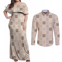 Hawaiian Palaka Quilt Pattern Couples Matching Off Shoulder Maxi Dress and Long Sleeve Button Shirt Hawaii Culture Honu Turtle - Polynesian Pride