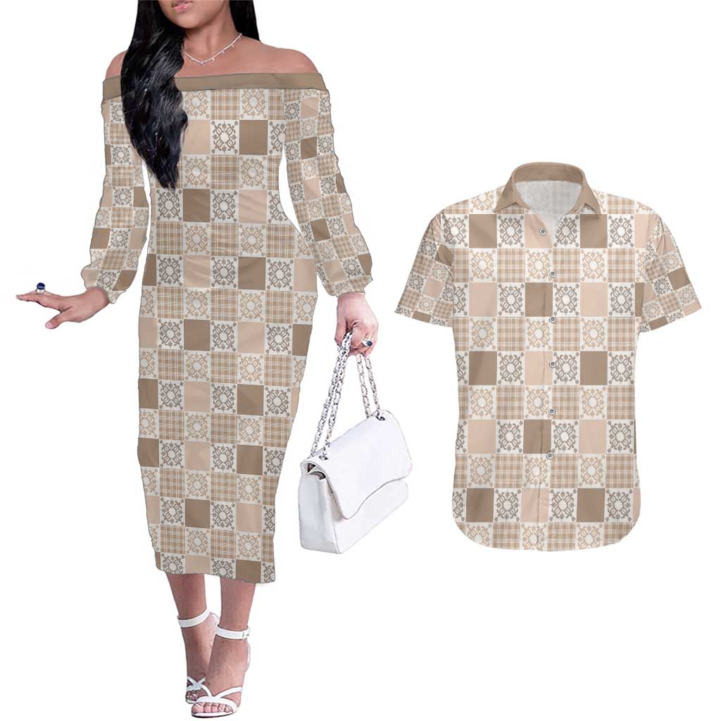 Hawaiian Palaka Quilt Pattern Couples Matching Off The Shoulder Long Sleeve Dress and Hawaiian Shirt Hawaii Culture Honu Turtle - Polynesian Pride