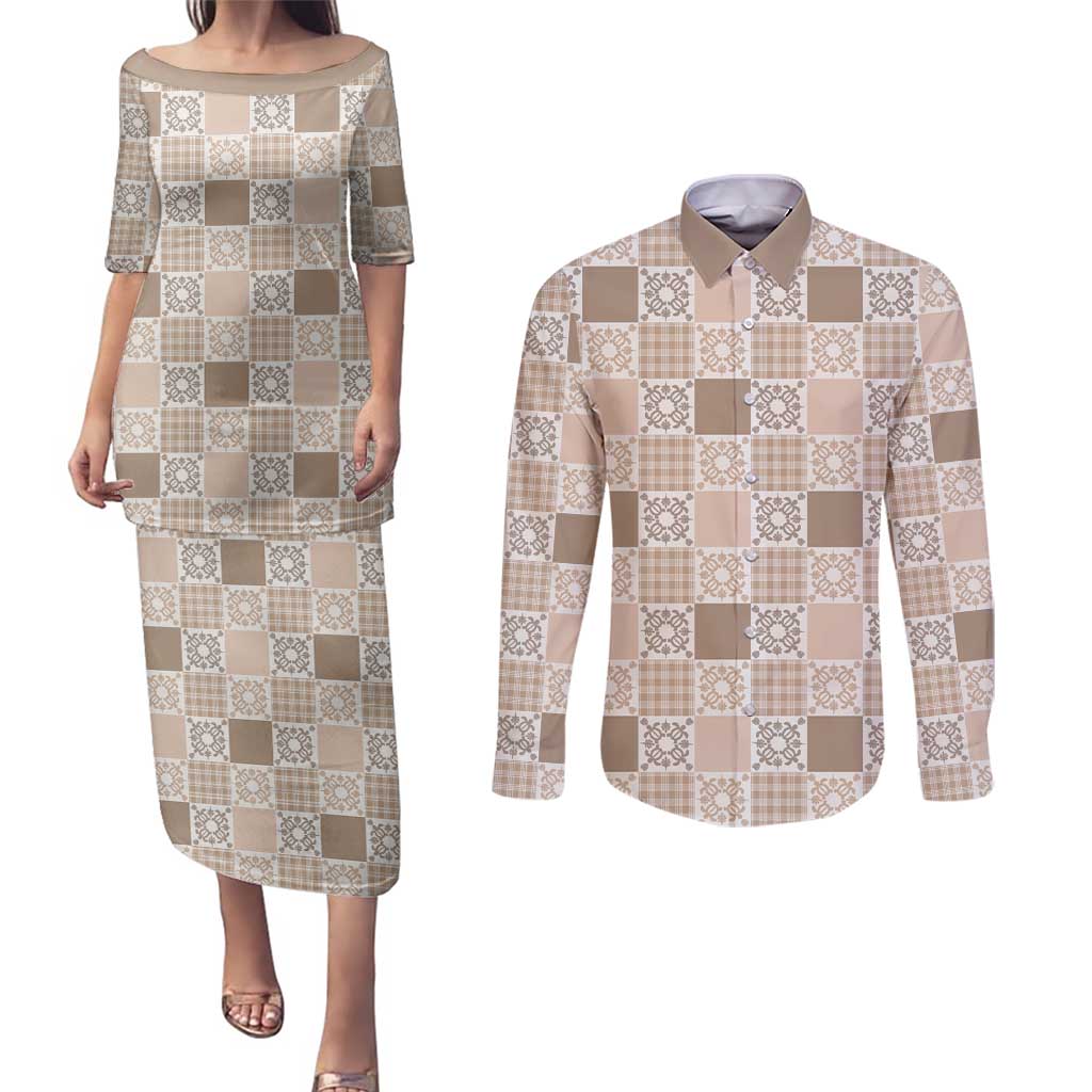 Hawaiian Palaka Quilt Pattern Couples Matching Puletasi and Long Sleeve Button Shirt Hawaii Culture Honu Turtle - Polynesian Pride