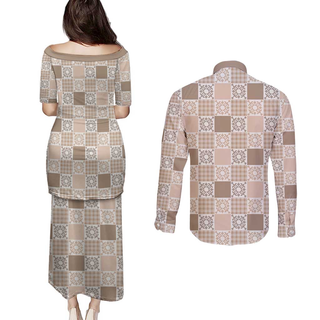 Hawaiian Palaka Quilt Pattern Couples Matching Puletasi and Long Sleeve Button Shirt Hawaii Culture Honu Turtle - Polynesian Pride