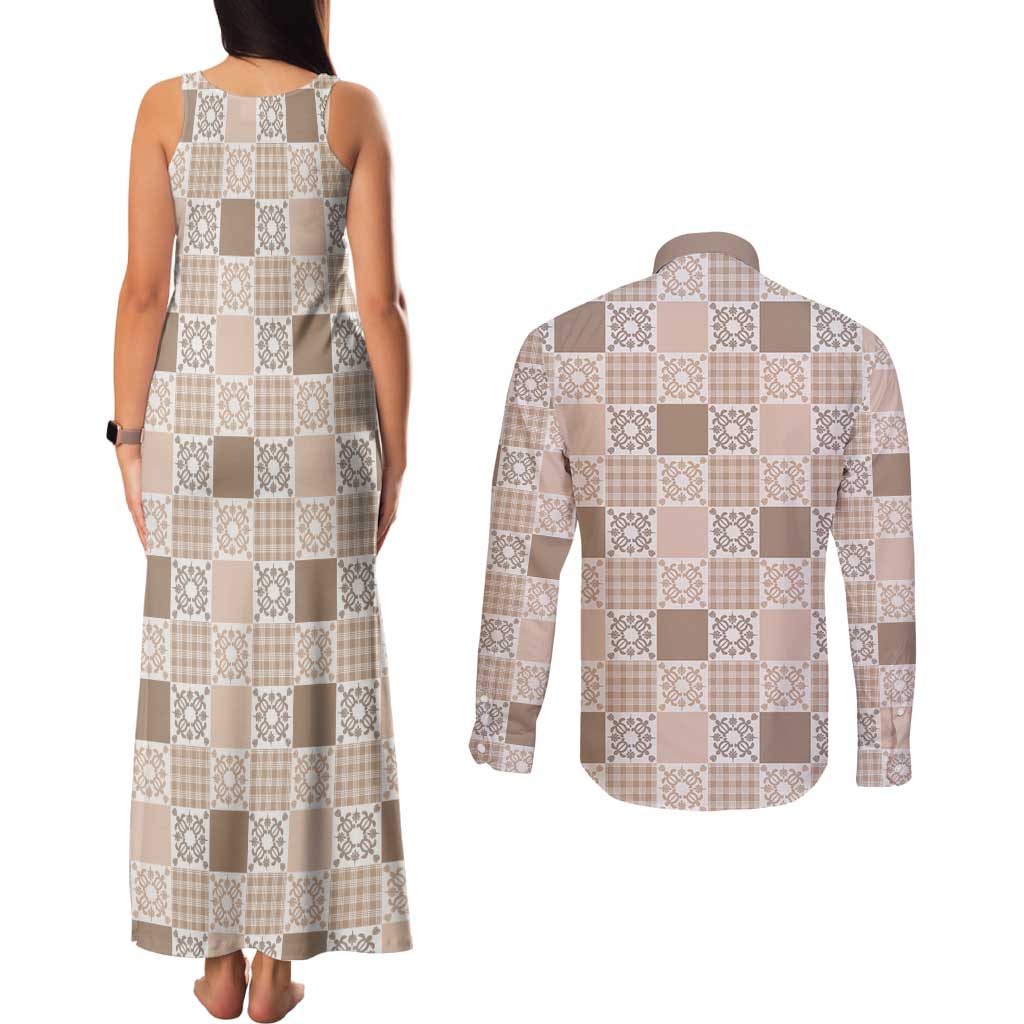 Hawaiian Palaka Quilt Pattern Couples Matching Tank Maxi Dress and Long Sleeve Button Shirt Hawaii Culture Honu Turtle - Polynesian Pride
