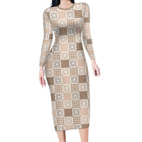 Hawaiian Palaka Quilt Pattern Family Matching Long Sleeve Bodycon Dress and Hawaiian Shirt Hawaii Culture Honu Turtle LT9 Mom's Dress Beige - Polynesian Pride
