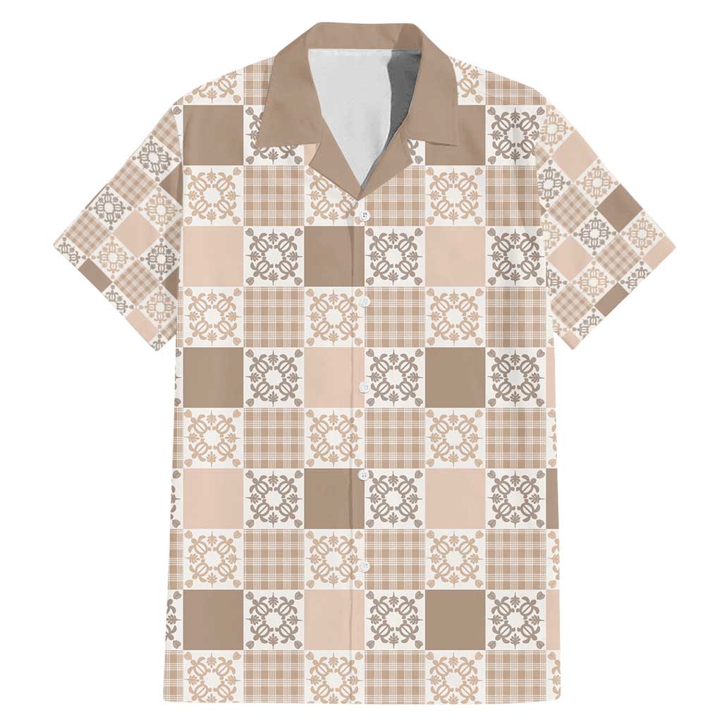 Hawaiian Palaka Quilt Pattern Family Matching Mermaid Dress and Hawaiian Shirt Hawaii Culture Honu Turtle LT9 Dad's Shirt - Short Sleeve Beige - Polynesian Pride