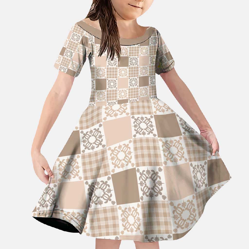 Hawaiian Palaka Quilt Pattern Family Matching Off Shoulder Maxi Dress and Hawaiian Shirt Hawaii Culture Honu Turtle LT9 Daughter's Dress Beige - Polynesian Pride
