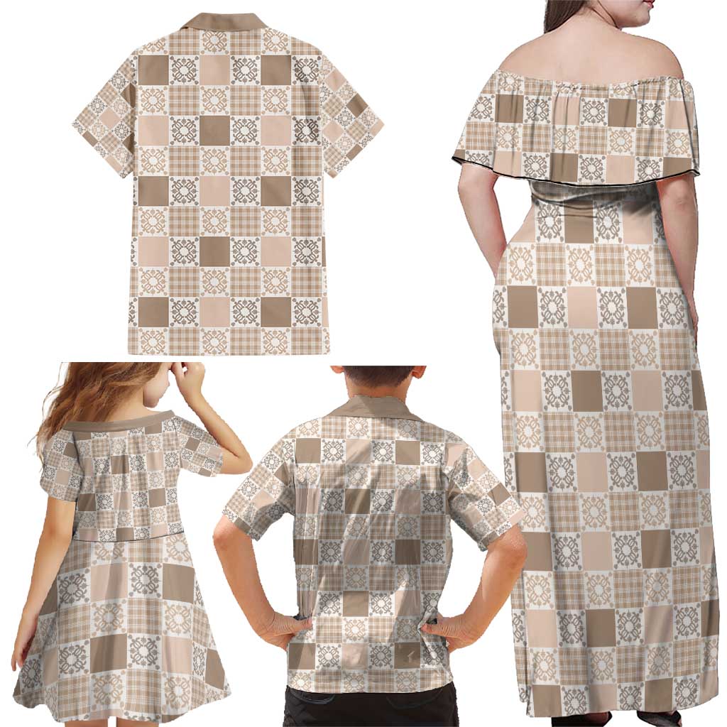 Hawaiian Palaka Quilt Pattern Family Matching Off Shoulder Maxi Dress and Hawaiian Shirt Hawaii Culture Honu Turtle LT9 - Polynesian Pride