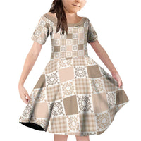 Hawaiian Palaka Quilt Pattern Family Matching Off Shoulder Short Dress and Hawaiian Shirt Hawaii Culture Honu Turtle LT9 Daughter's Dress Beige - Polynesian Pride