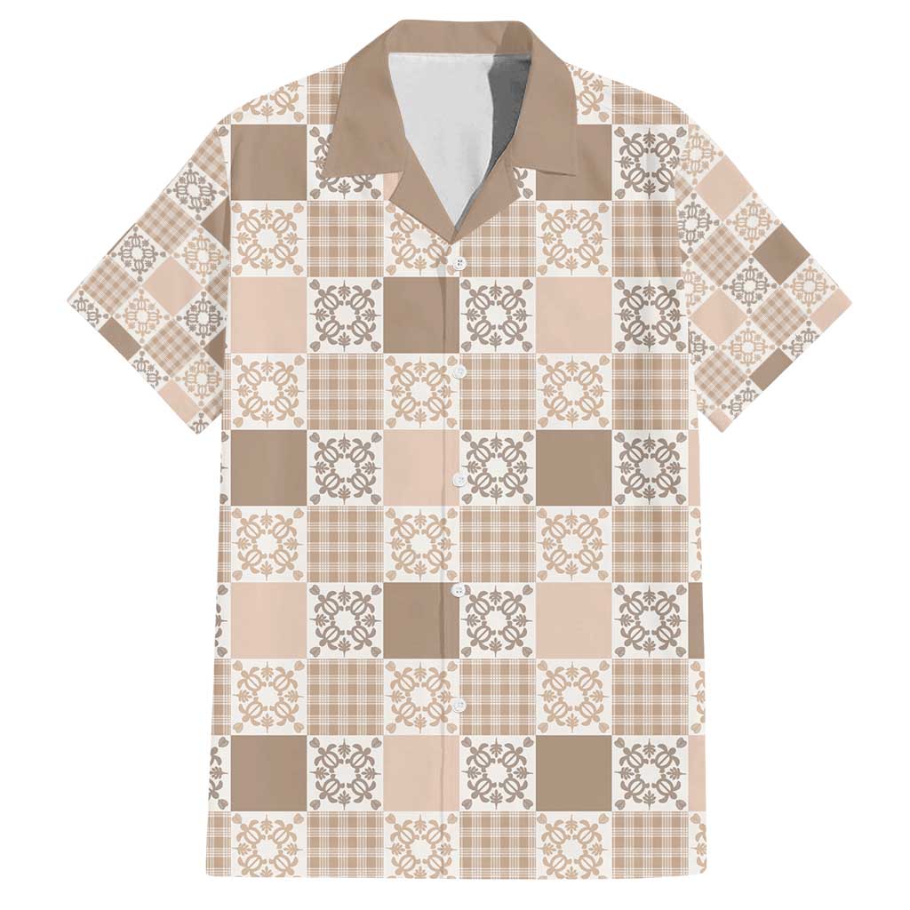 Hawaiian Palaka Quilt Pattern Family Matching Off Shoulder Short Dress and Hawaiian Shirt Hawaii Culture Honu Turtle LT9 Dad's Shirt - Short Sleeve Beige - Polynesian Pride