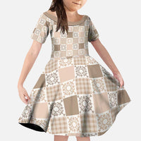 Hawaiian Palaka Quilt Pattern Family Matching Short Sleeve Bodycon Dress and Hawaiian Shirt Hawaii Culture Honu Turtle LT9 Daughter's Dress Beige - Polynesian Pride
