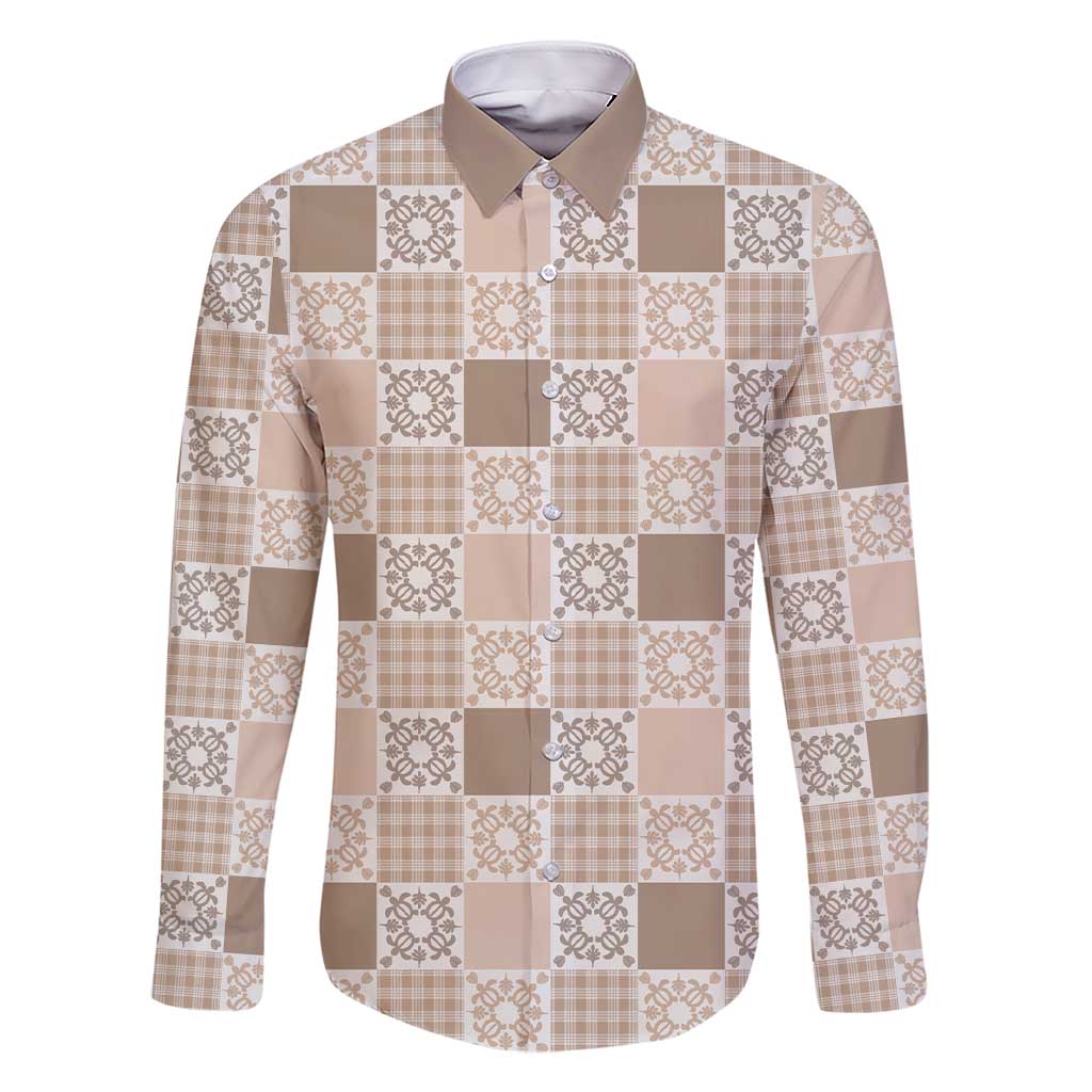 Hawaiian Palaka Quilt Pattern Family Matching Short Sleeve Bodycon Dress and Hawaiian Shirt Hawaii Culture Honu Turtle LT9 Dad's Shirt - Long Sleeve Beige - Polynesian Pride